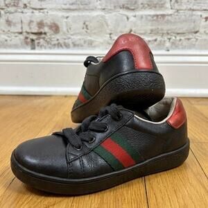 Gucci Kids Ace Web Stripe Leather Sneakers Black Green Red Toddler Size 8.5